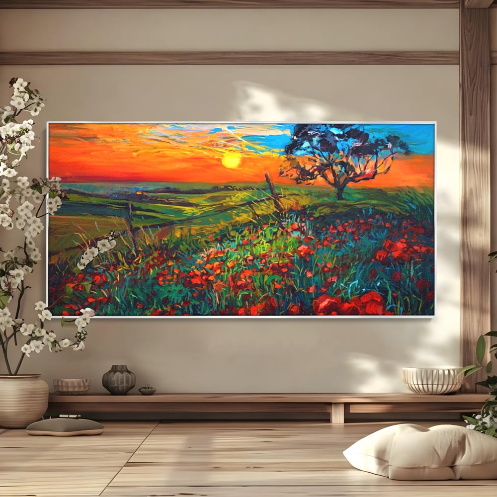 Tablou canvas cu tablou canvas cu maci si apus de soare, in rama de aluminiu argintiu